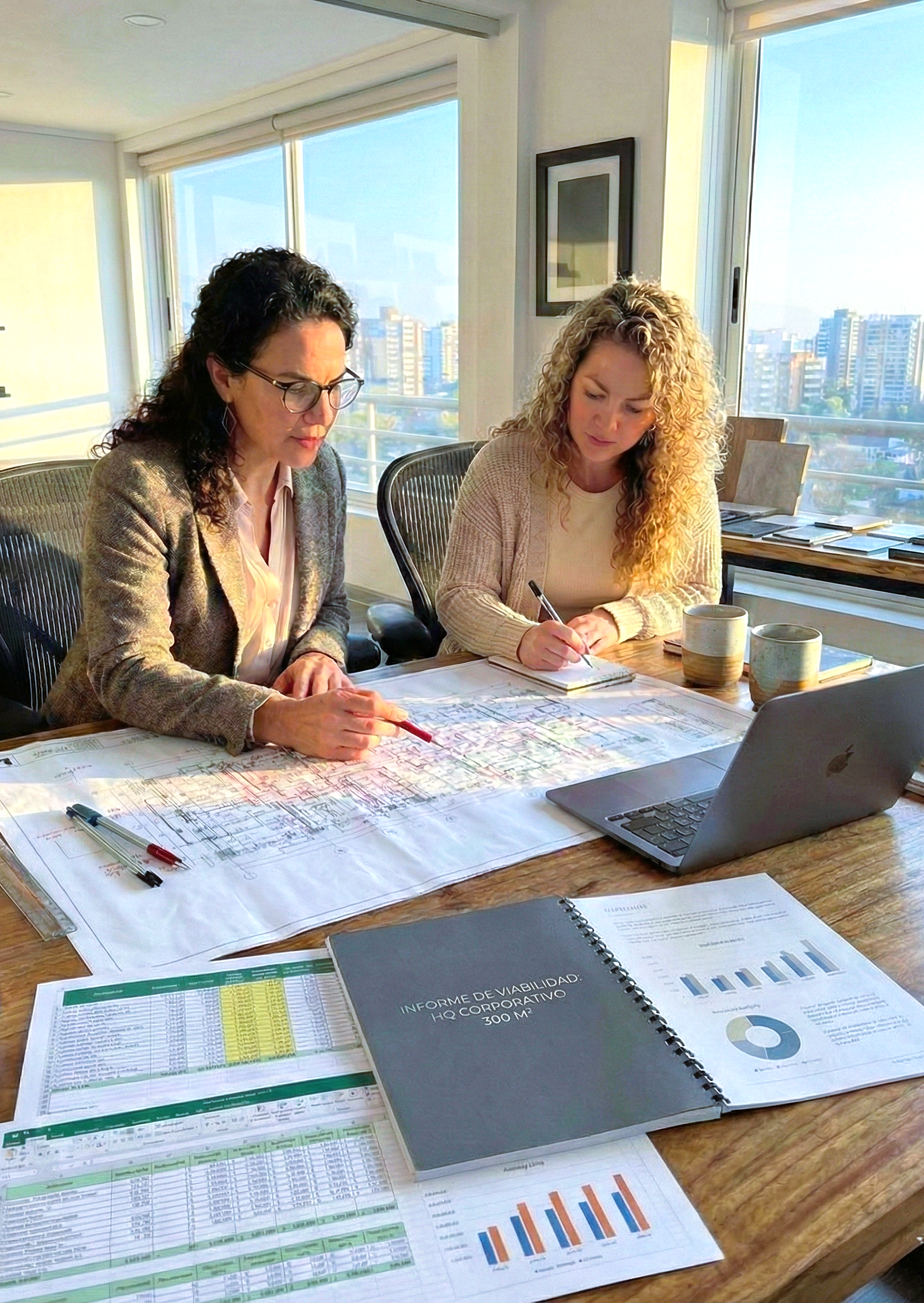 Equipo de arquitectura corporativa analizando planos y el informe de viabilidad técnica como etapa inicial para la habilitación de oficinas